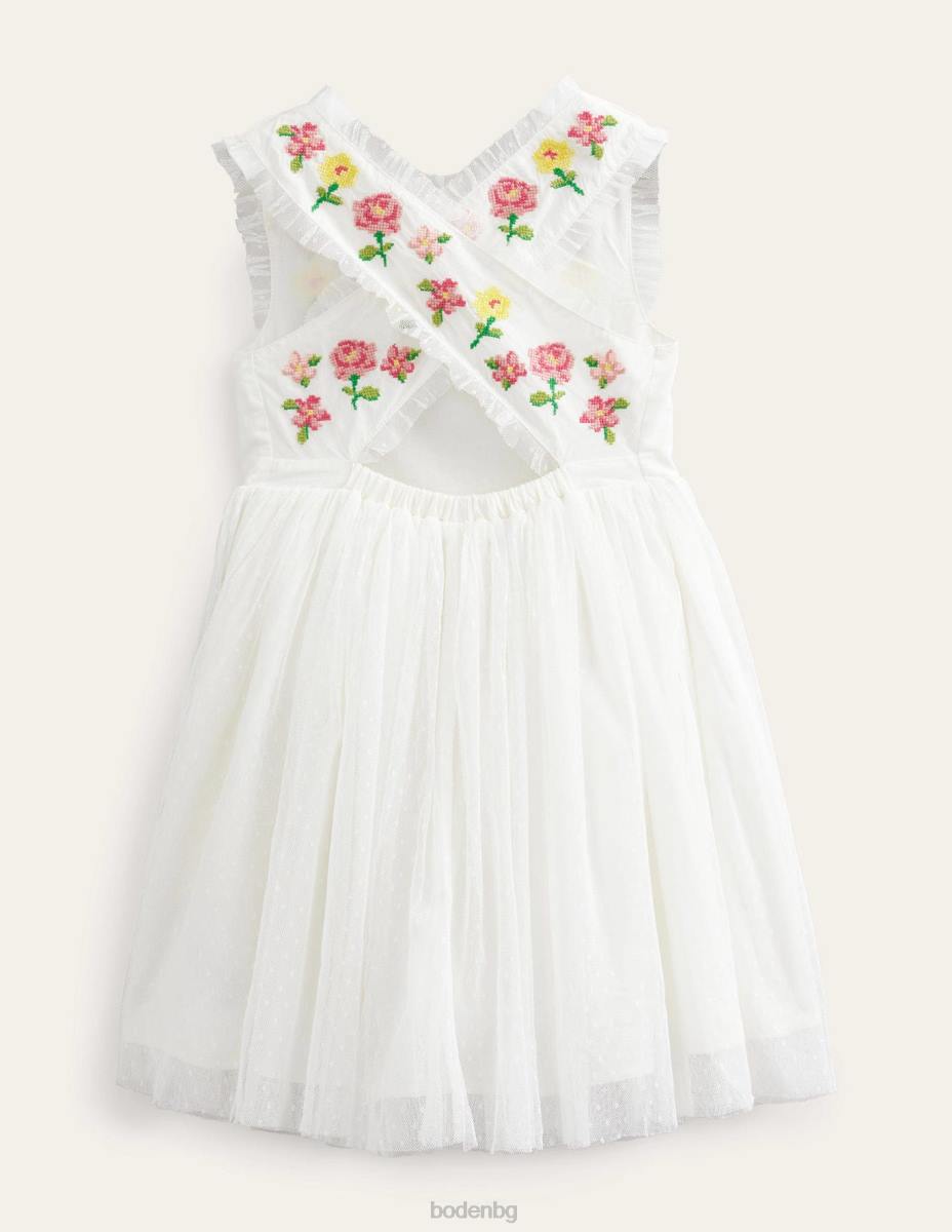 облекло Boden бродирана рокля с кръстосани гръбчета слонова кост момичета LL683232