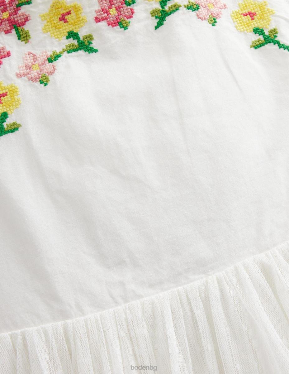 облекло Boden бродирана рокля с кръстосани гръбчета слонова кост момичета LL683232