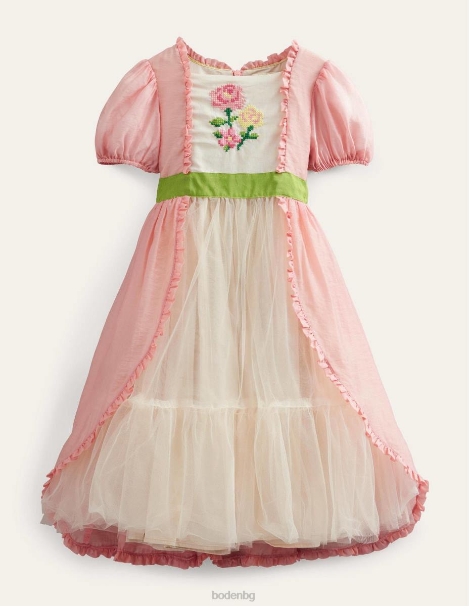 облекло Boden бродирана рокля с буф ръкав прованс прашно розово момичета LL683245