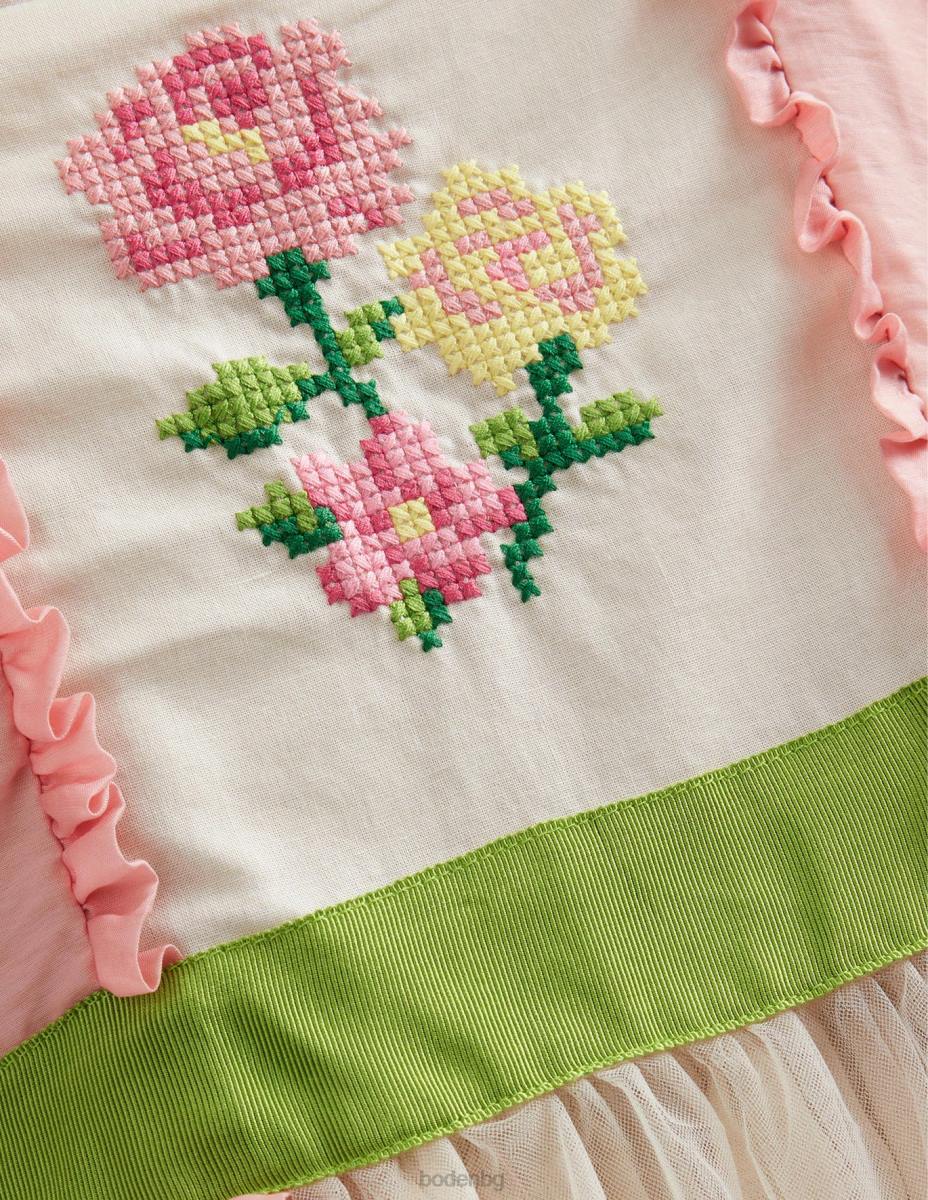 облекло Boden бродирана рокля с буф ръкав прованс прашно розово момичета LL683245