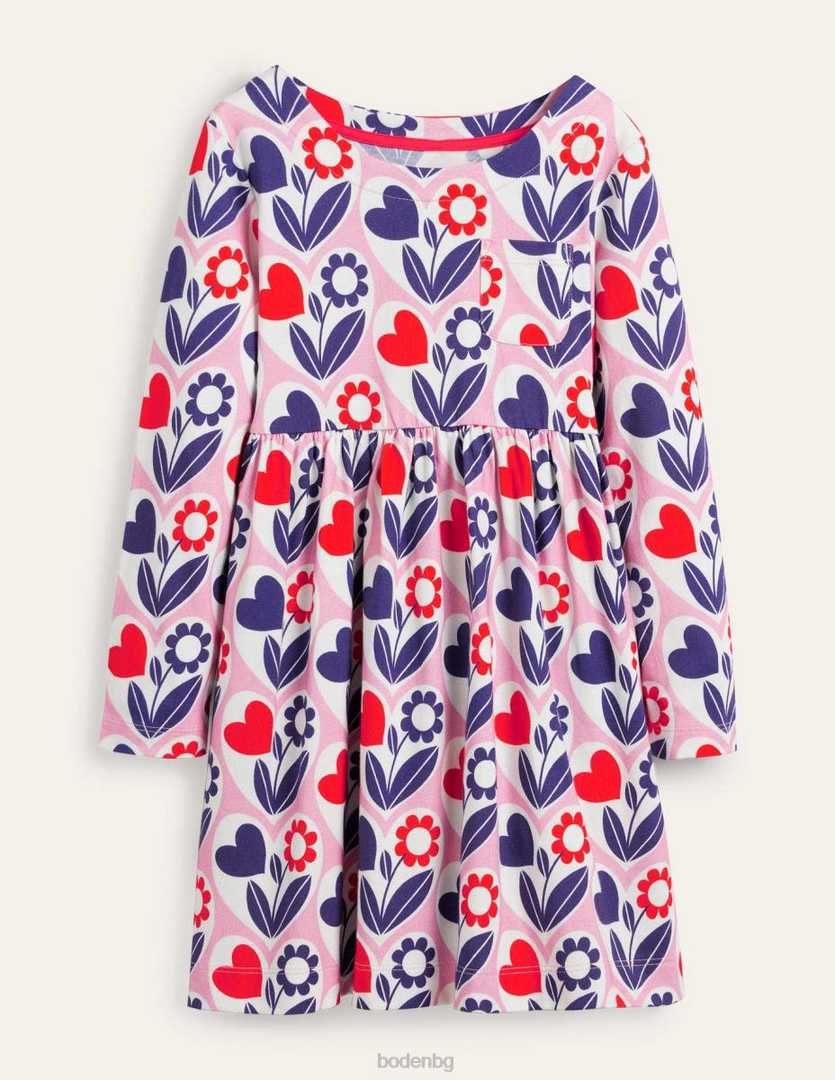 облекло Boden забавна рокля от трико с дълъг ръкав розови лимонадни цветни сърца момичета LL683264