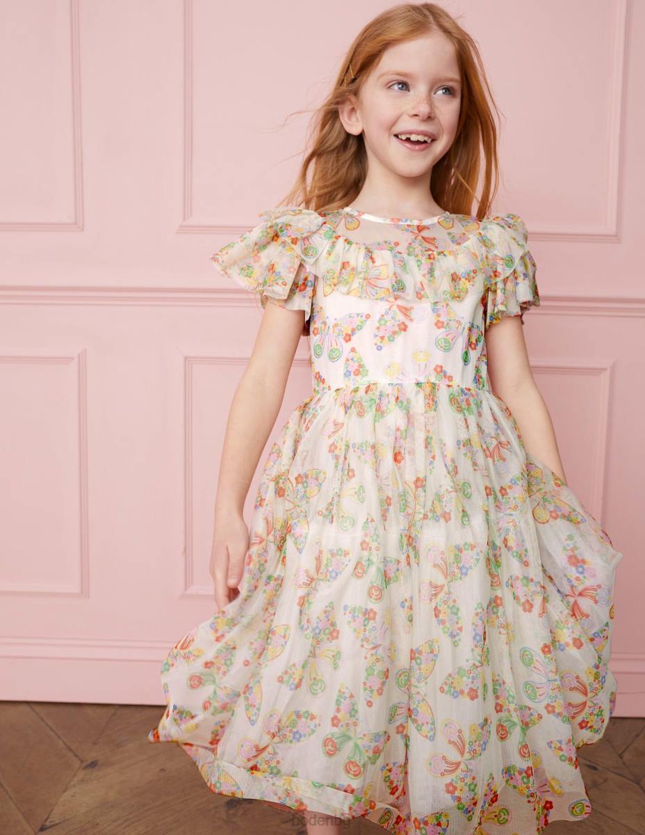 облекло Boden рокля от тюл с волани слонова кост мулти пеперуди момичета LL683293