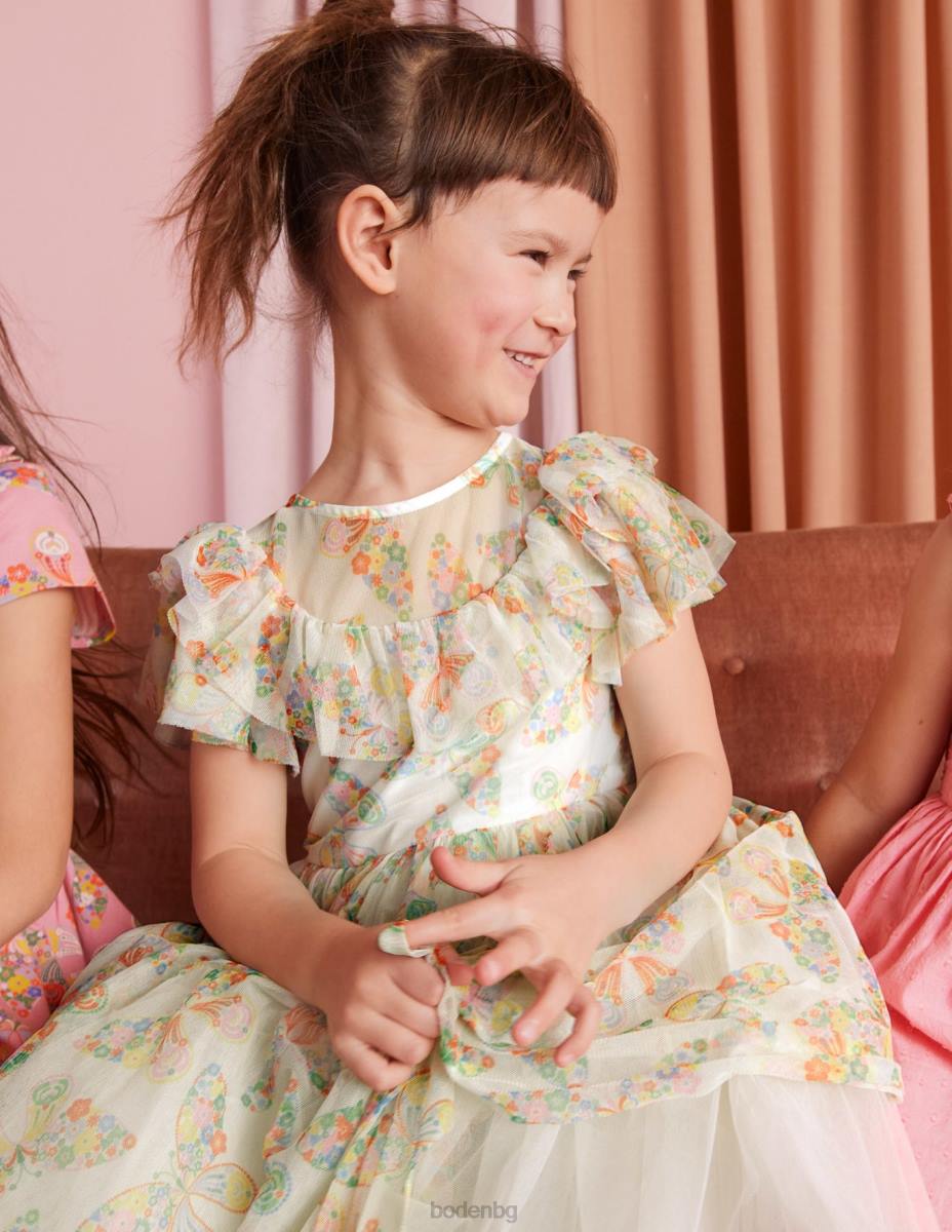 облекло Boden рокля от тюл с волани слонова кост мулти пеперуди момичета LL683293