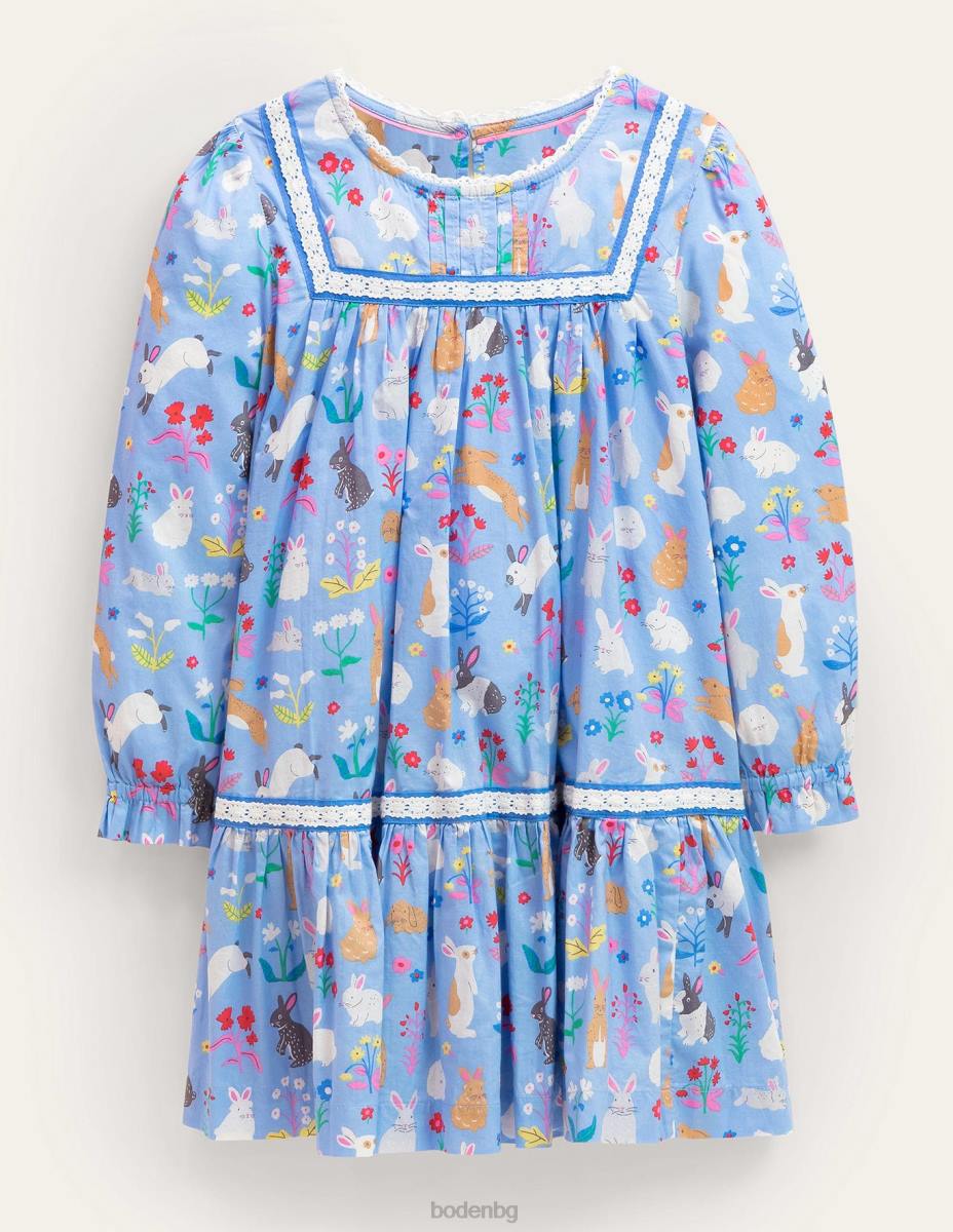 облекло Boden тъкана рокля с дантела сини зайчета момичета LL683297