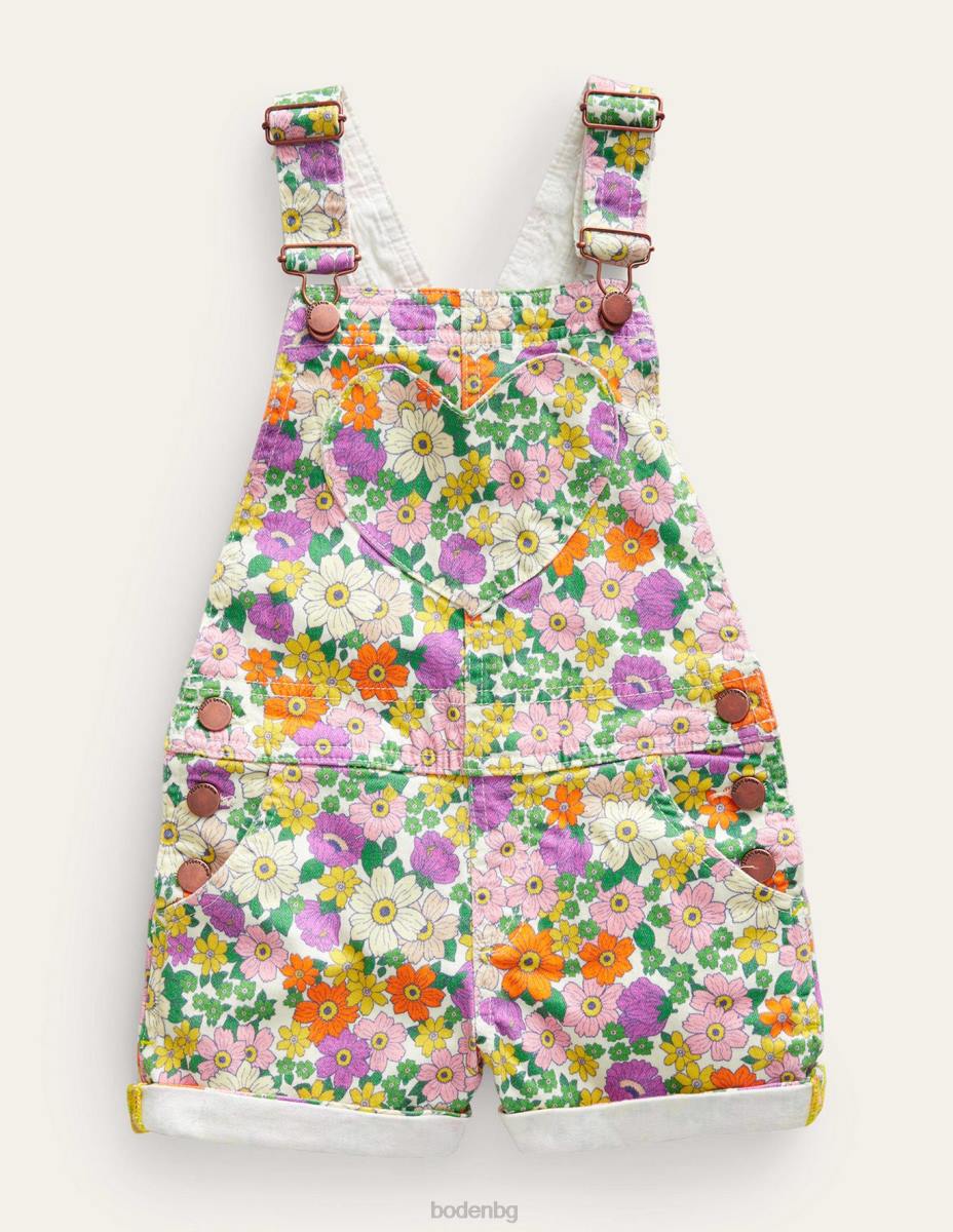 облекло Boden къс гащеризон с джоб сърце слонова кост и лилаво каравана на цветя момичета LL68751