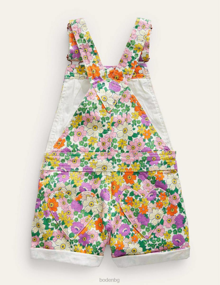 облекло Boden къс гащеризон с джоб сърце слонова кост и лилаво каравана на цветя момичета LL68751