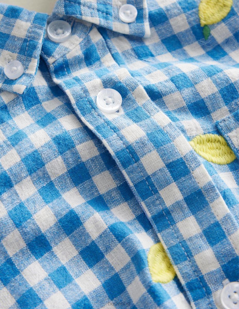 облекло Boden гингам риза в цвят лимон синьо каре лимонов принт момичета LL683016