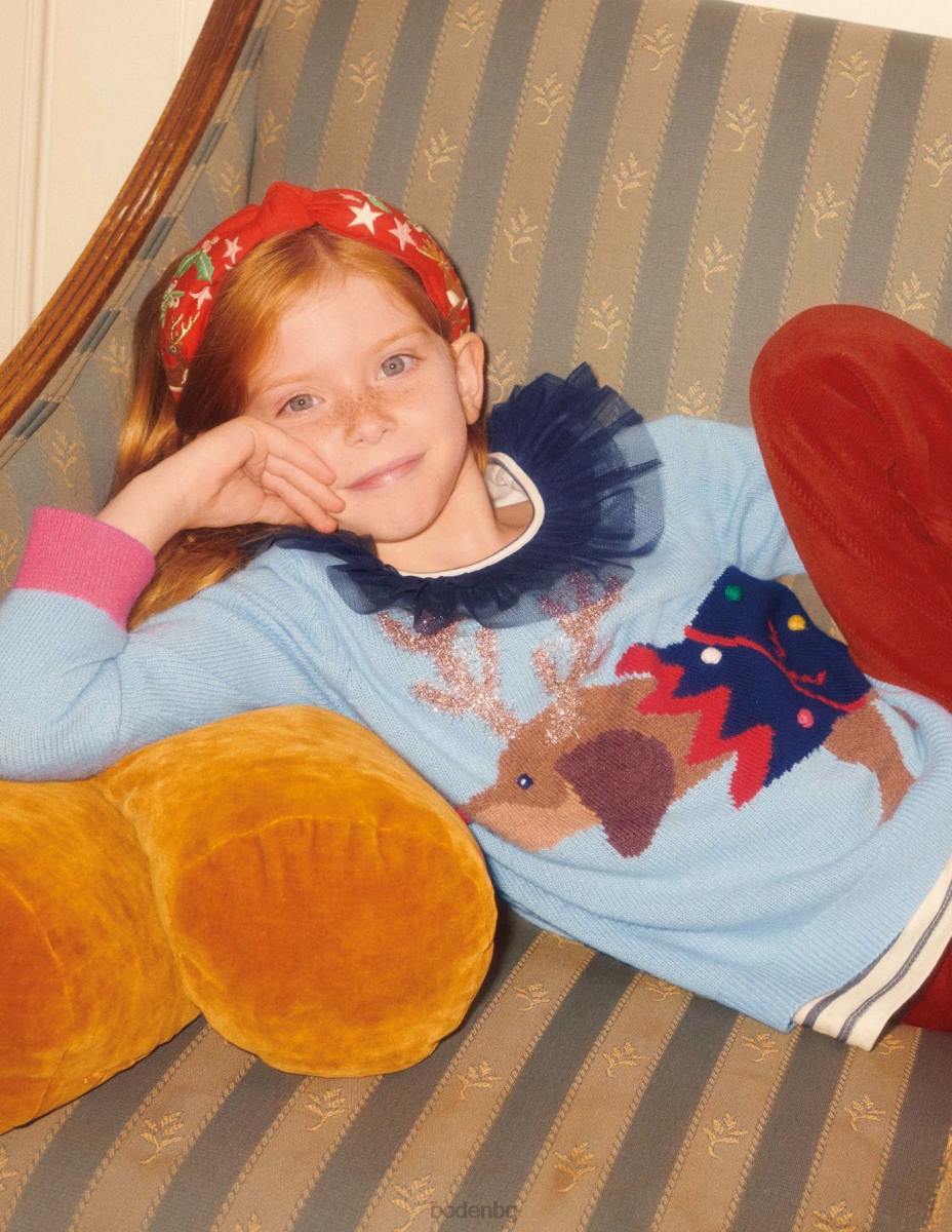 облекло Boden празничен коледен пуловер с кучешки принт прашен син кучешки крекер момичета LL683120