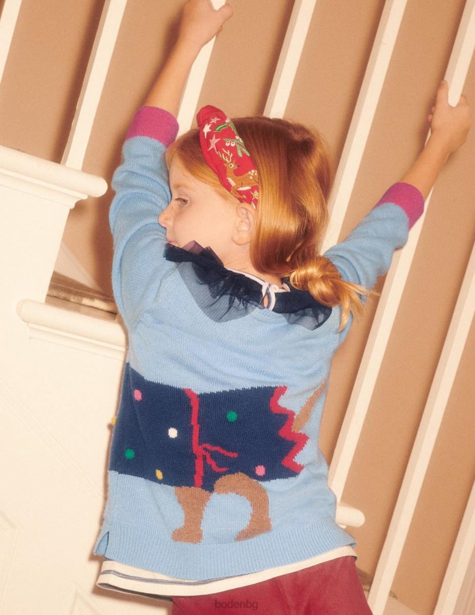 облекло Boden празничен коледен пуловер с кучешки принт прашен син кучешки крекер момичета LL683120