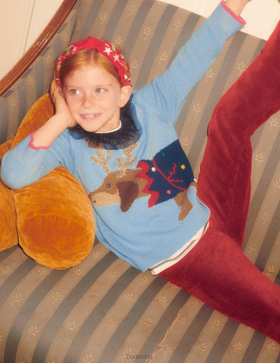 облекло Boden празничен коледен пуловер с кучешки принт прашен син кучешки крекер момичета LL683120