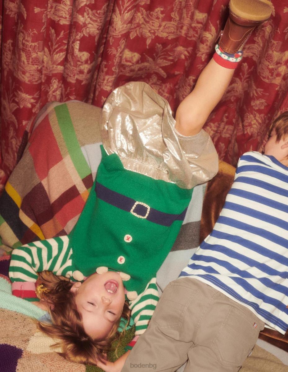 облекло Boden Коледен пуловер с помпон на елф в райета зелен пипер елф момичета LL683137