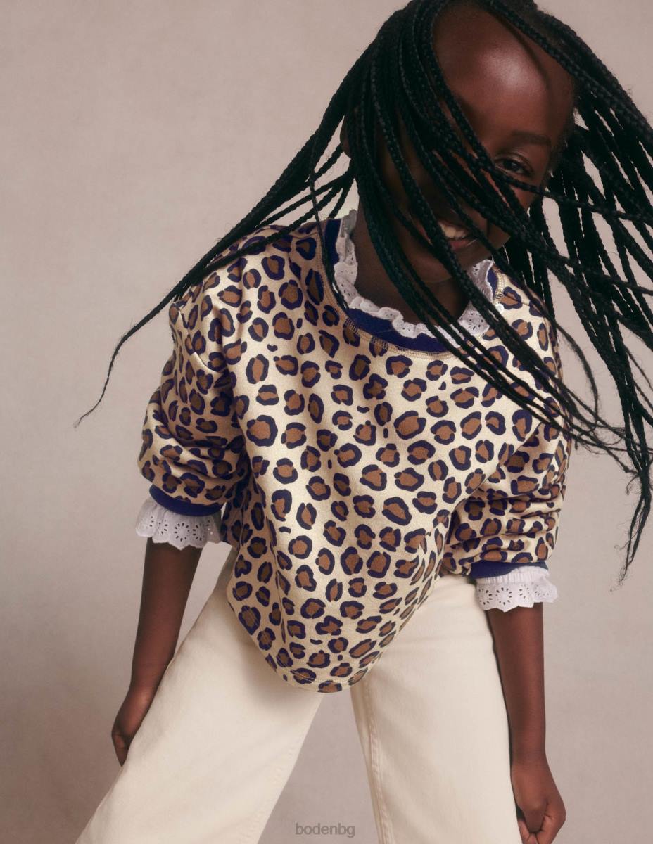 облекло Boden спокоен суичър орех кафяв леопард момичета LL683140