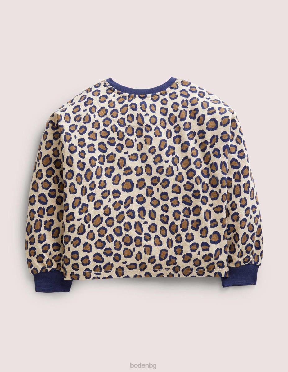 облекло Boden спокоен суичър орех кафяв леопард момичета LL683140