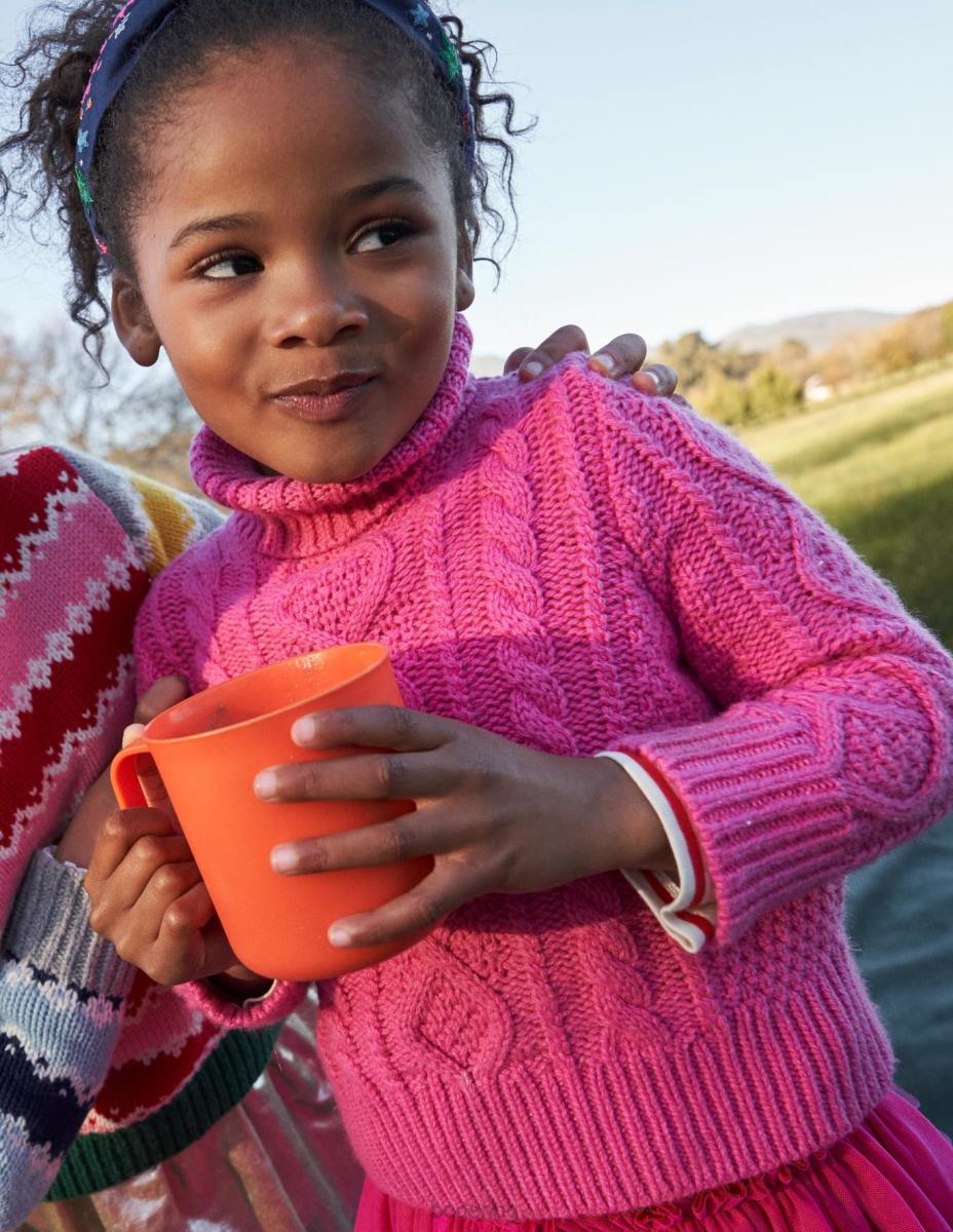 облекло Boden буци кабелна ролка джъмпер врата шокиращ розов кабел момичета LL683145
